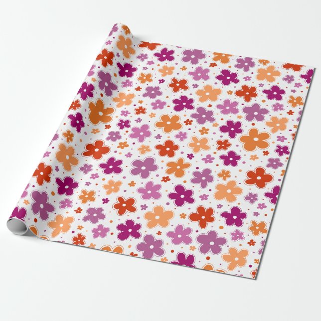 Papier Cadeau Fleurs Drapeau de fierté lesbienne Doodle rose rou (Déroulé)