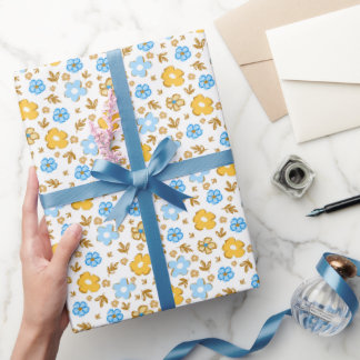 Papier Cadeau Fleurs élégantes bleues jaunes rustiques