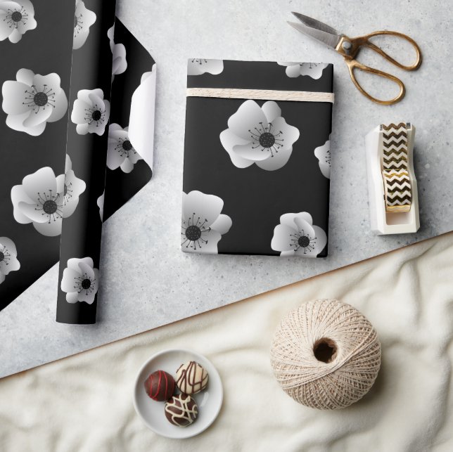 Papier Cadeau Fleurs élégantes noires et blanches Motif minimali (Artisanat)