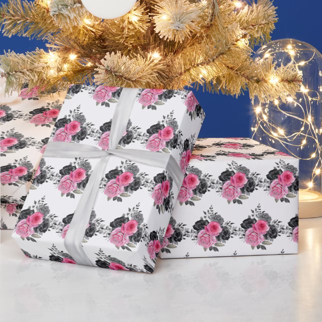 Papier Cadeau Fleurs élégantes rose chaud et argent (Vacances)