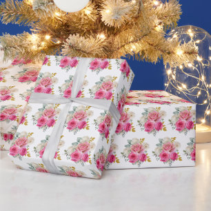 Papier Cadeau Fleurs élégantes rose chaud et or