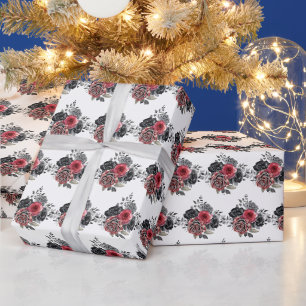 Papier Cadeau Fleurs élégantes rouges et argentées