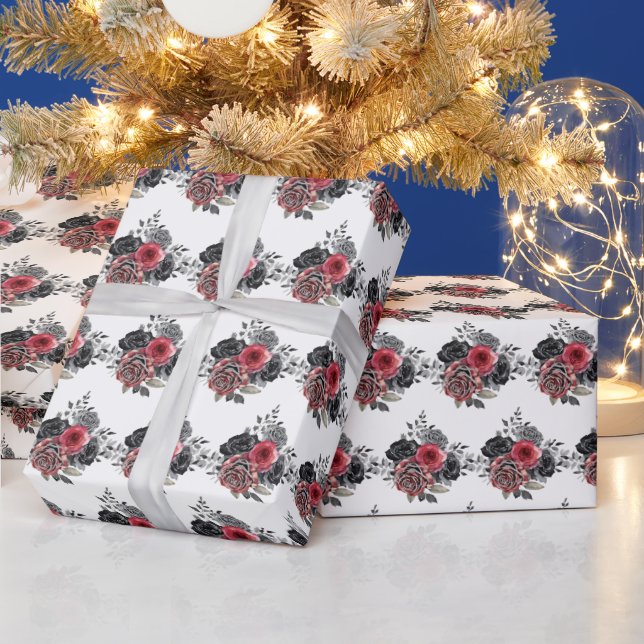 Papier Cadeau Fleurs élégantes rouges et argentées (Vacances)