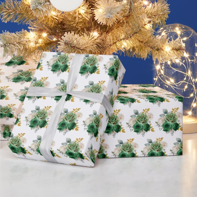 Papier Cadeau Fleurs élégantes vert foncé et or (Vacances)