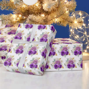 Papier Cadeau Fleurs élégantes violet foncé et or