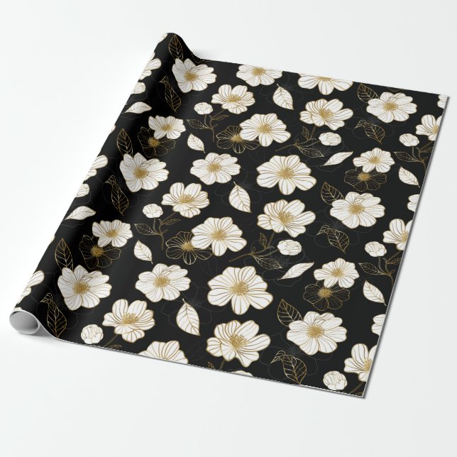 Papier Cadeau Fleurs en or blanc sur fond noir (Déroulé)