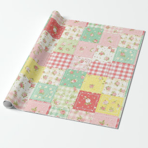 Papier Cadeau Fleurs en patchwork à carreaux gingham pastel doux