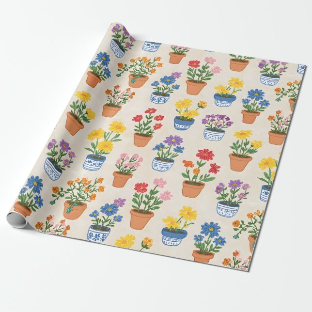 Papier Cadeau Fleurs en pot fantaisistes Illustration botanique (Déroulé)