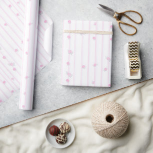 Papier Cadeau Fleurs en rose poudré et rayures