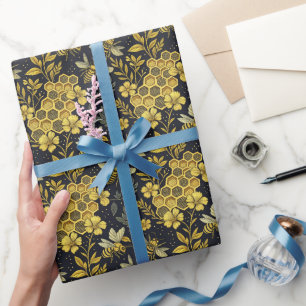 Papier Cadeau Fleurs et abeilles en or vintage