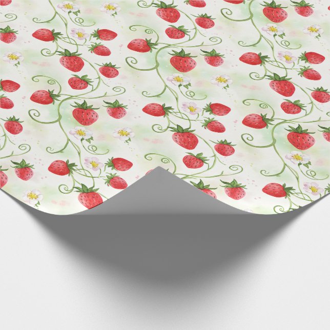 Papier Cadeau Fleurs et Baies de Fraisier Style Aquarelle (Coin)