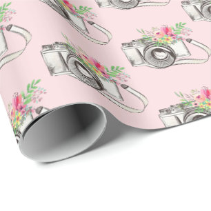 Papier Cadeau Fleurs et caméra sur rose