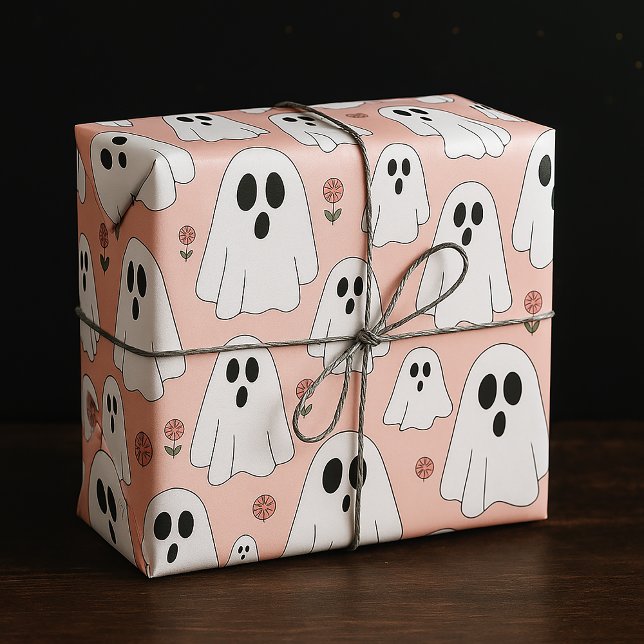 Papier Cadeau Fleurs et Fantômes mignons Motif d'Halloween en to (Créateur téléchargé)