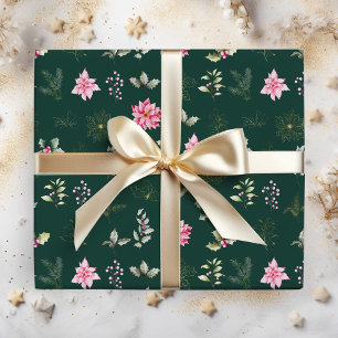 Papier Cadeau Fleurs et feuillage de poinsettia rose sur fond ve