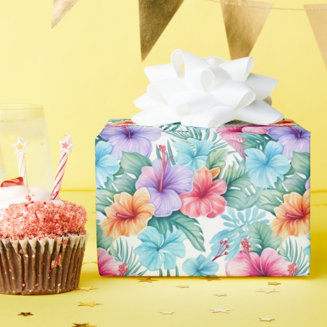 Papier Cadeau Fleurs et feuilles tropicales (Fête d'anniversaire)