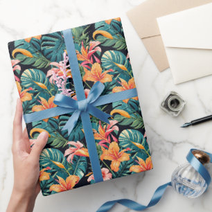 Papier Cadeau Fleurs et feuilles tropicales colorées