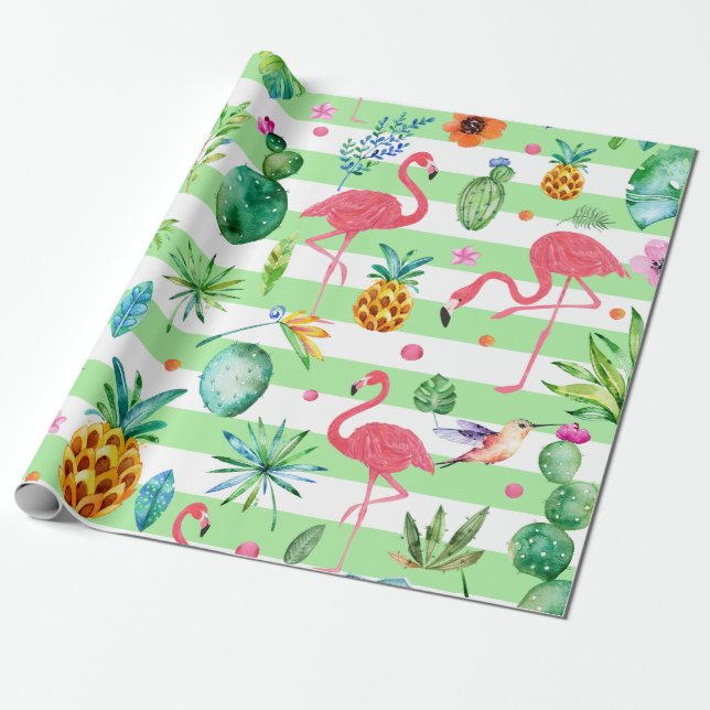 Papier Cadeau Fleurs et Flamants roses tropicaux à la menthe ver (Déroulé)