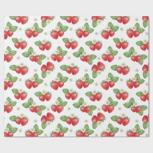 Papier Cadeau Fleurs et fruits de fraise à l'aquarelle  (Plat)