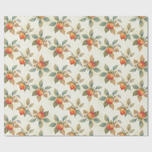 Papier Cadeau Fleurs et fruits de kaki à l'aquarelle  (Plat)