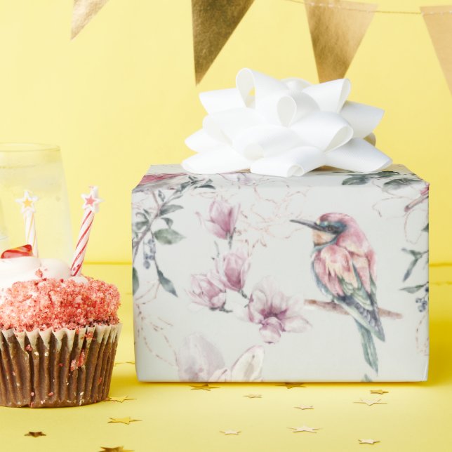 Papier Cadeau Fleurs et oiseaux à l'aquarelle Rose mariage   (Fête d'anniversaire)