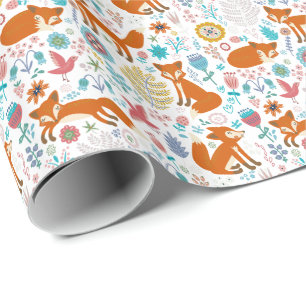 Papier Cadeau Fleurs Et Oiseaux De Foxes De Couleur Douce Motif