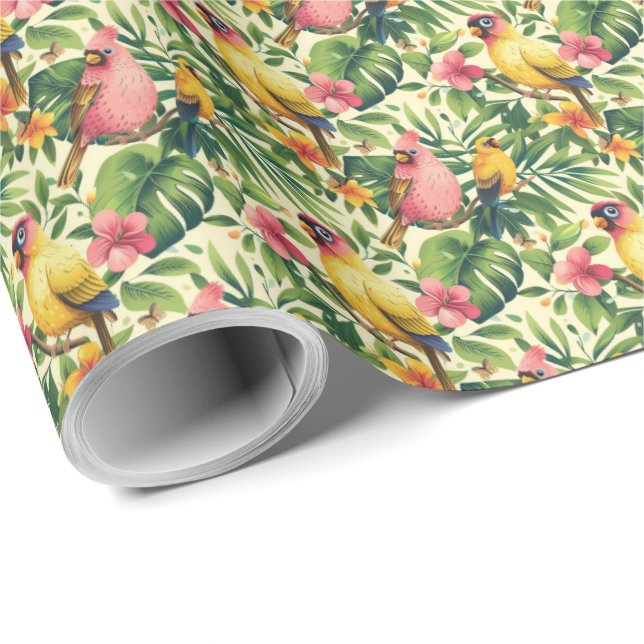 Papier cadeau Fleurs et Oiseaux Tropicaux (Coin rond)
