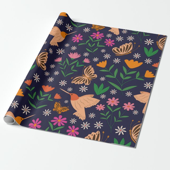 Papier Cadeau Fleurs et papillons avec colibris  (Déroulé)