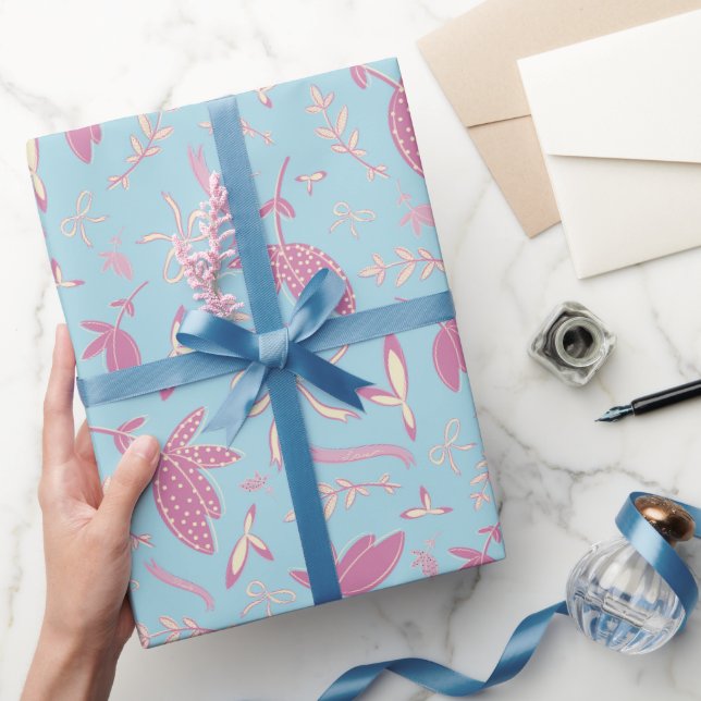 Papier Cadeau Fleurs et vaches bleues délicates (Cadeaux)