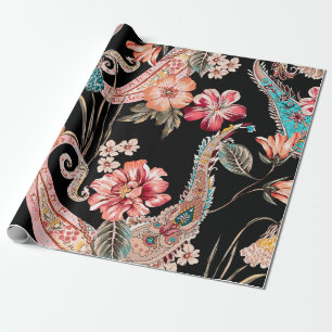 Papier Cadeau Fleurs ethniques et feuilles avec paisley vintage 