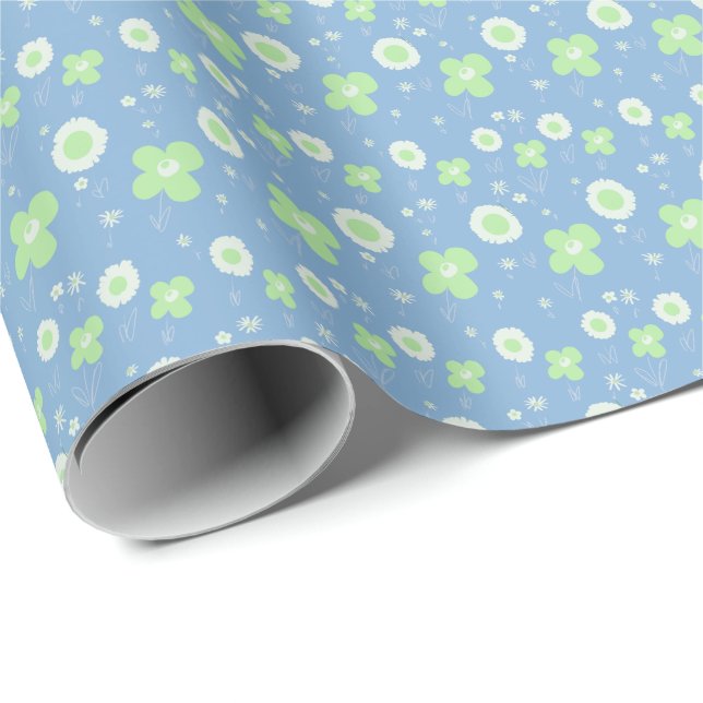 Papier Cadeau Fleurs Faisées Pastel Vert Blanc Sur Bleu Pastel (Coin rond)