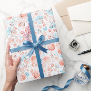 Papier Cadeau Fleurs fantaisistes bleu poussiéreux et rose dessi