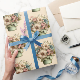 Papier Cadeau Fleurs Fantaisistes dans un Pot de Fleurs Motif Mi
