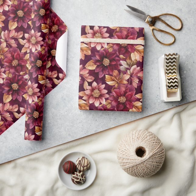 Papier Cadeau Fleurs Feuilles Or Bourgogne Anniversaire (Artisanat)