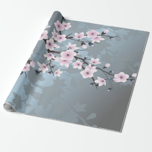 Papier Cadeau Fleurs florales de cerises bleues rose cendré