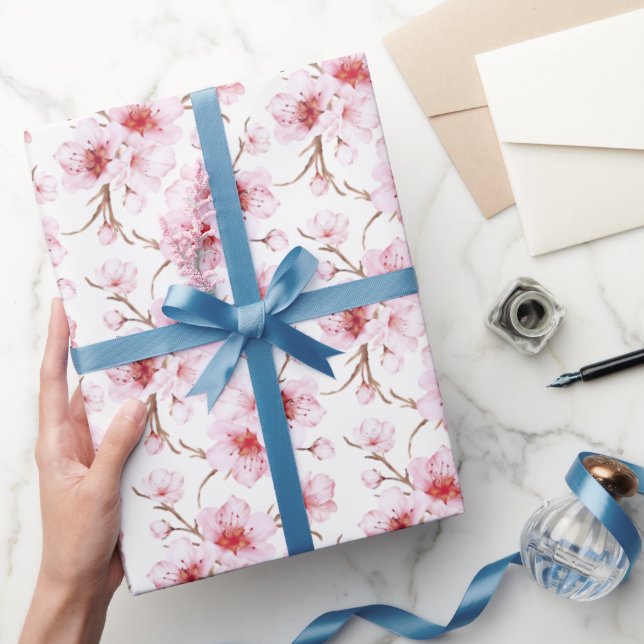 Papier Cadeau Fleurs florales de cerisier rose blanc (Cadeaux)