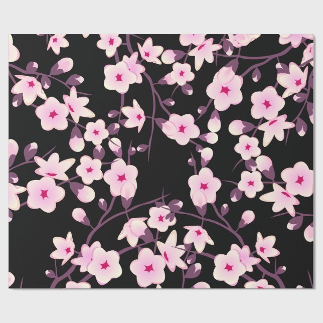 Papier Cadeau Fleurs florales de cerisier rose noir (Plat)