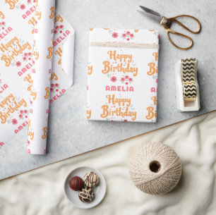Papier Cadeau Fleurs Florales Joyeux Anniversaire Handlettering