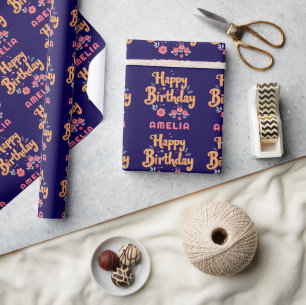 Papier Cadeau Fleurs Florales Joyeux Anniversaire Handlettering