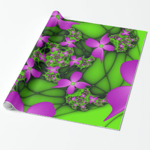 Papier Cadeau Fleurs fractales abstraites modernes rose vert néo