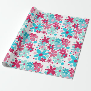 Papier Cadeau Fleurs funky bleu et rose