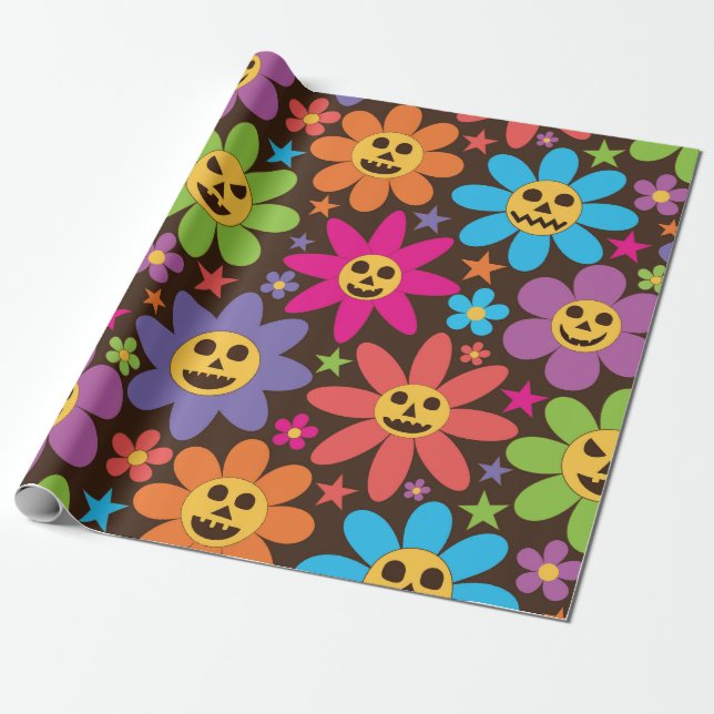 Papier Cadeau Fleurs funky et effrayantes d'Halloween  (Déroulé)