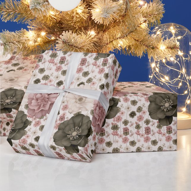 Papier Cadeau Fleurs géantes dans des tons rose, crème et olive  (Vacances)