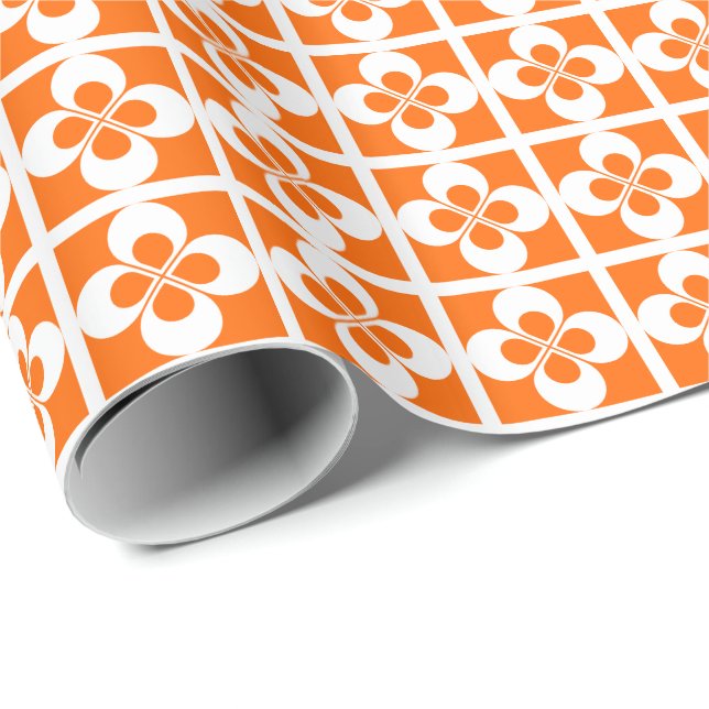Papier Cadeau Fleurs géométriques blanches sur fond orange (Coin rond)