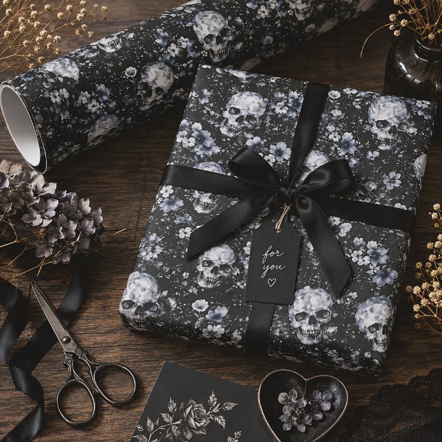 Papier Cadeau Fleurs gothiques crânes Botanique sombre (Créateur téléchargé)
