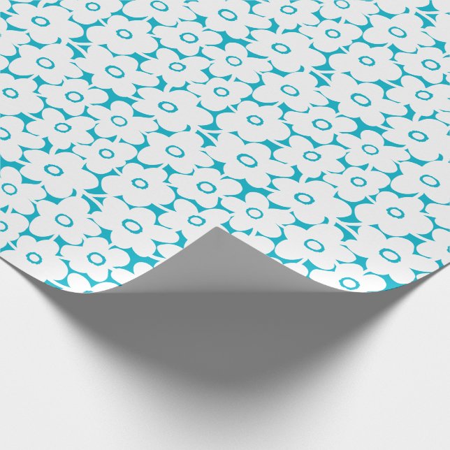Papier Cadeau Fleurs Gras - Blanc sur Aqua Blue (Coin)