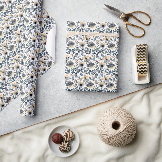 Papier Cadeau "Fleurs Gris et Or (Artisanat)