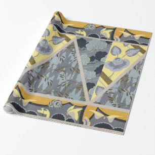 PAPIER CADEAU FLEURS GRIS JAUNES BLEU, BOUTTERFLIES FLEURIES