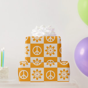 Papier Cadeau Fleurs Groovy à carreaux orange et signes de paix