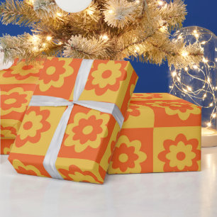 Papier Cadeau Fleurs Hippie Rétro sur Damier Jaune Orange