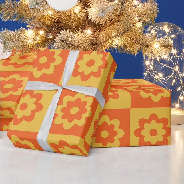 Papier Cadeau Fleurs Hippie Rétro sur Damier Jaune Orange (Vacances)